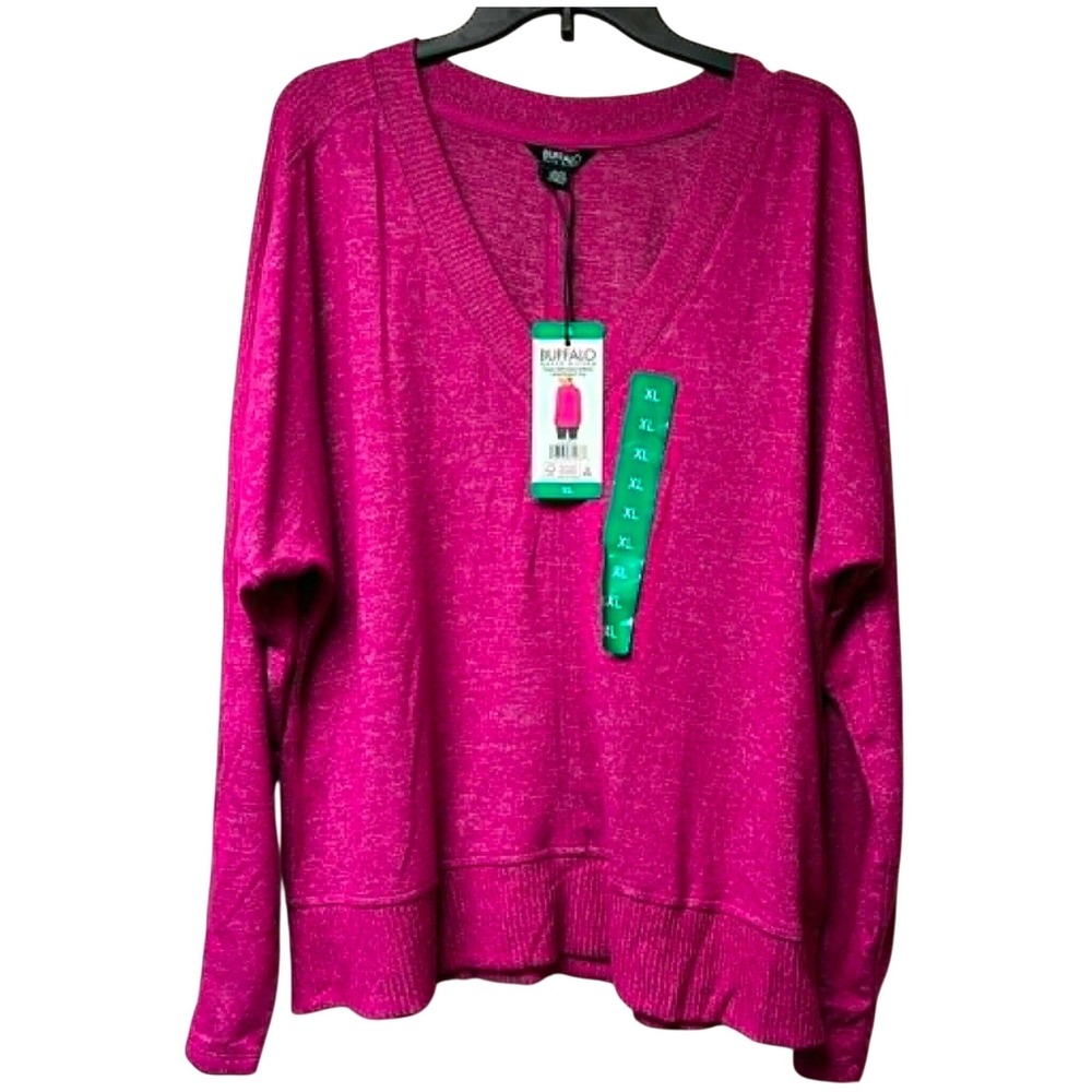 Buffalo David Bitton V-Neck Top Womens XL Pink Long Sleeve Soft Knit Slouchy